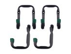 Four black and green heavy-duty garage storage hooks arranged in two rows.