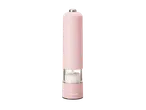 Moulin à sel ou à poivre électrique rose avec base transparente remplie de gros sel.