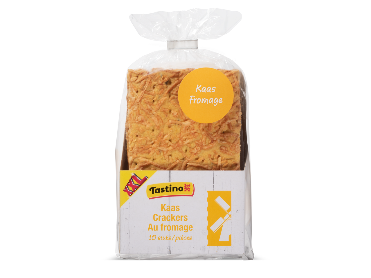 Een verpakking met kaascrackers, met de tekst 'Kaas Fromage' op een gele cirkel.