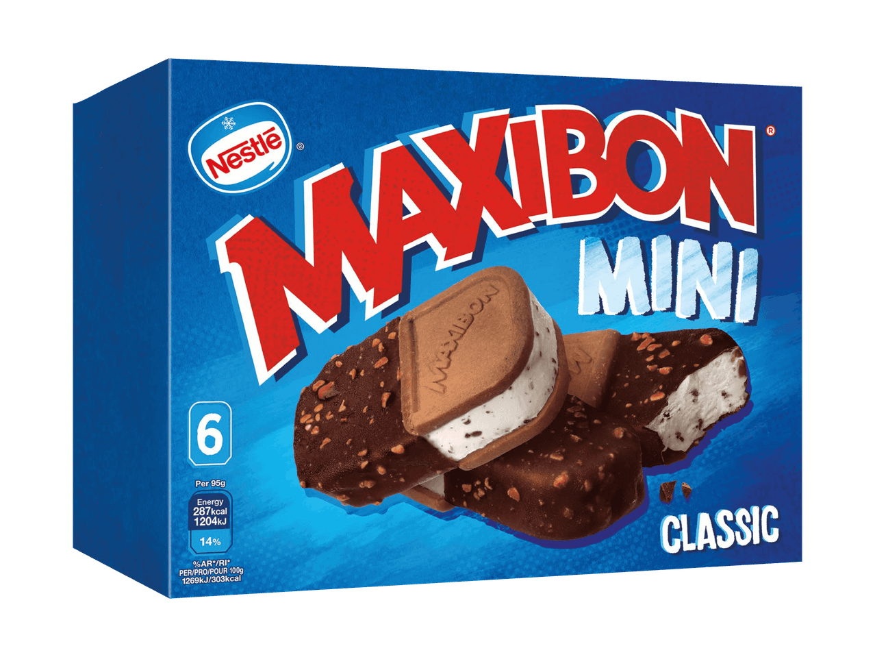 Packung mit 6 klassischen Mini-Eiscremesandwiches mit Keks und Schokoladenüberzug.