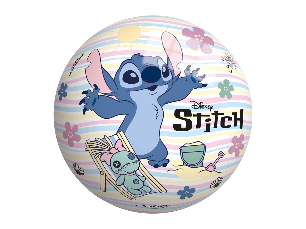 Beach ball with Stitch, Scrump doll, sand bucket, and shovel on a striped background.