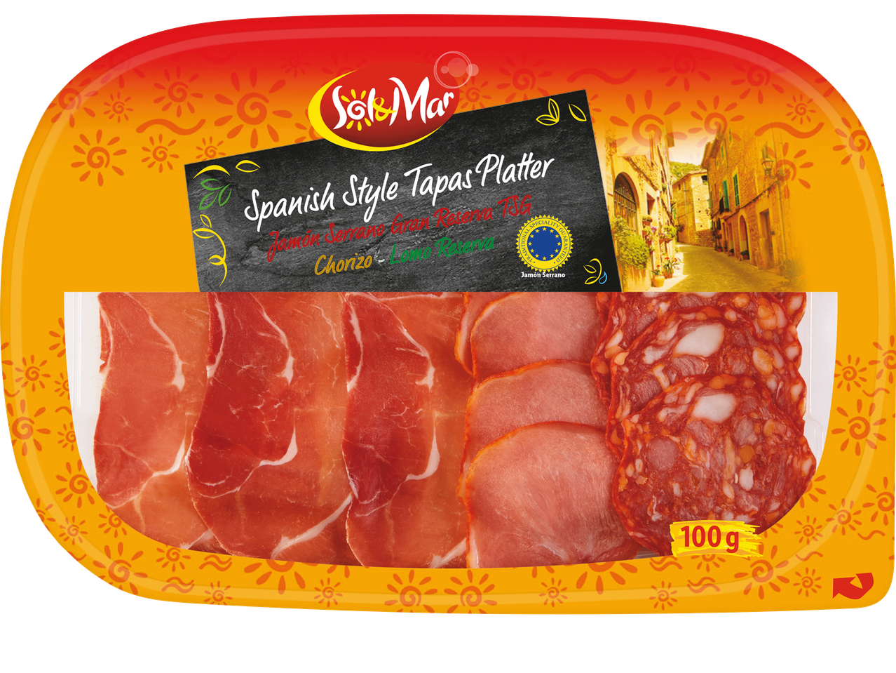 Spansk tapasbricka med skinka, korv och lomo från Sol & Mar, 100 g.
