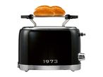 Black retro toaster with a bun warmer attachment and two bread rolls on top