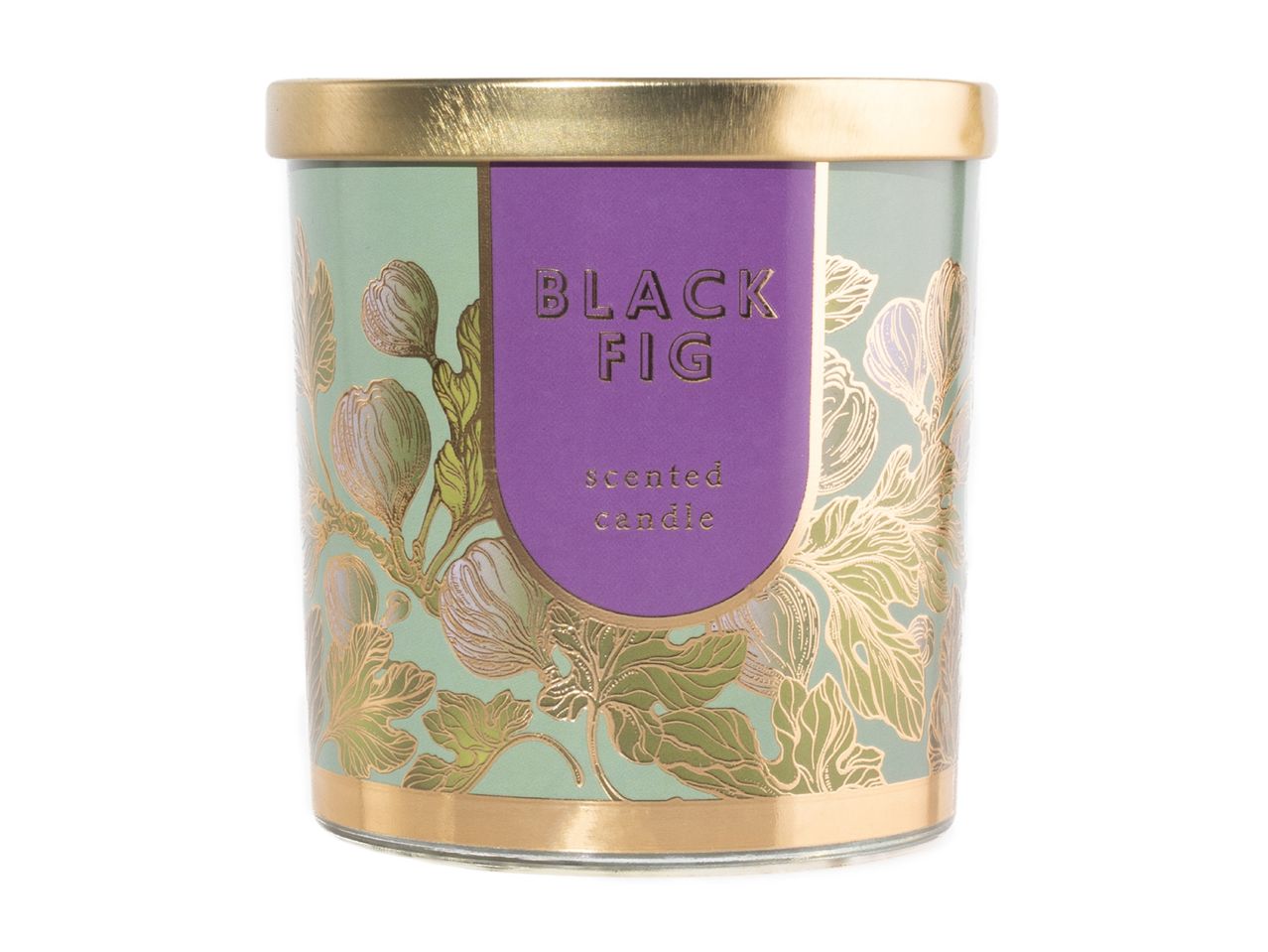 Black Fig scented candle in a green and gold jar with a purple label
