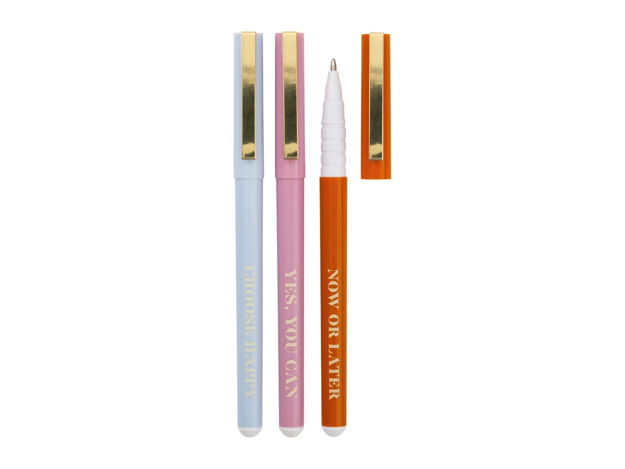 Three pastel-colored pens with gold clips, featuring motivational phrases: 'CHOOSE HAPPY,' 'YES, YOU CAN,' and 'NOW OR LATER.'