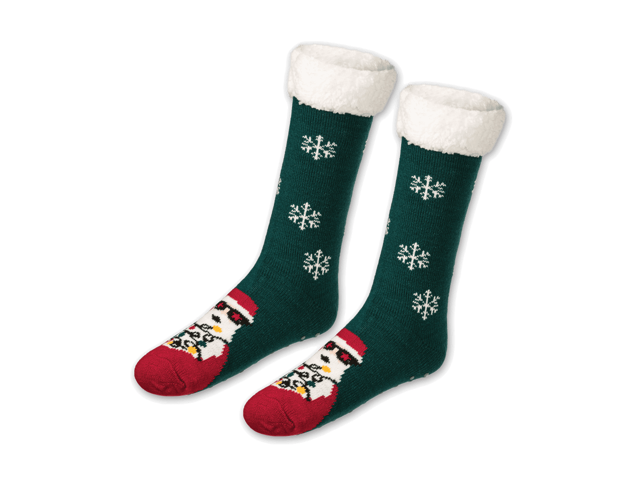 Grüne Weihnachtssocken mit Schneeflocken und Pinguin-Motiv
