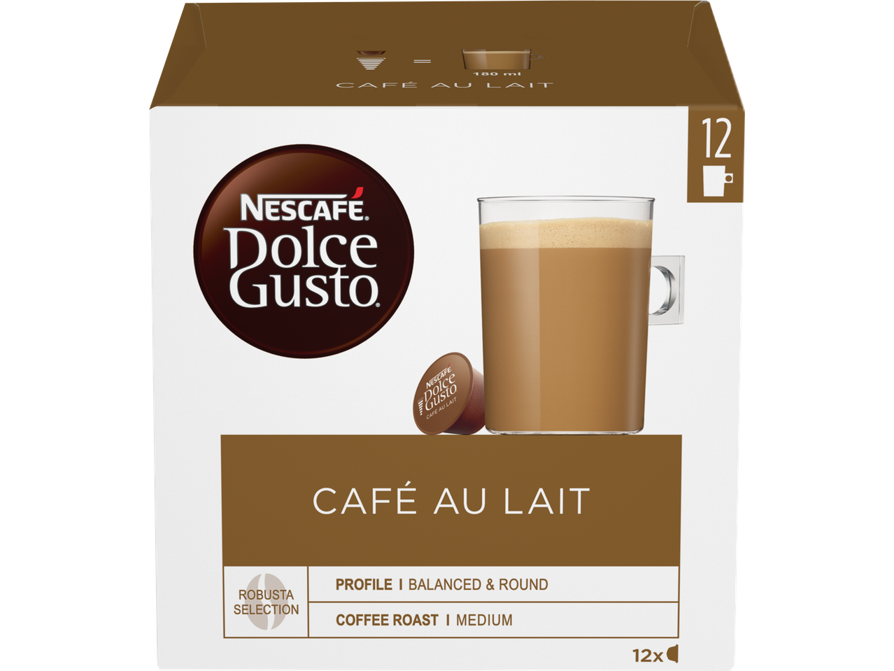 Nescafé Dolce Gusto: 12 Café au Lait pods.