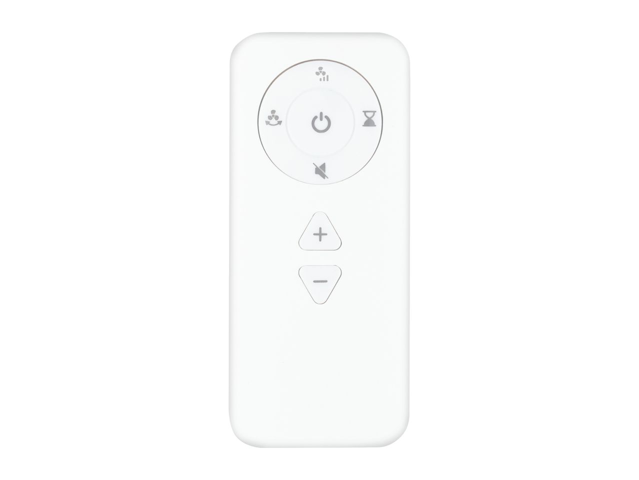 White remote control with power, fan speed, oscillation, mute, timer, and volume buttons