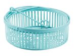Light blue plastic round basket with a handle, ideal for storage or carrying items.