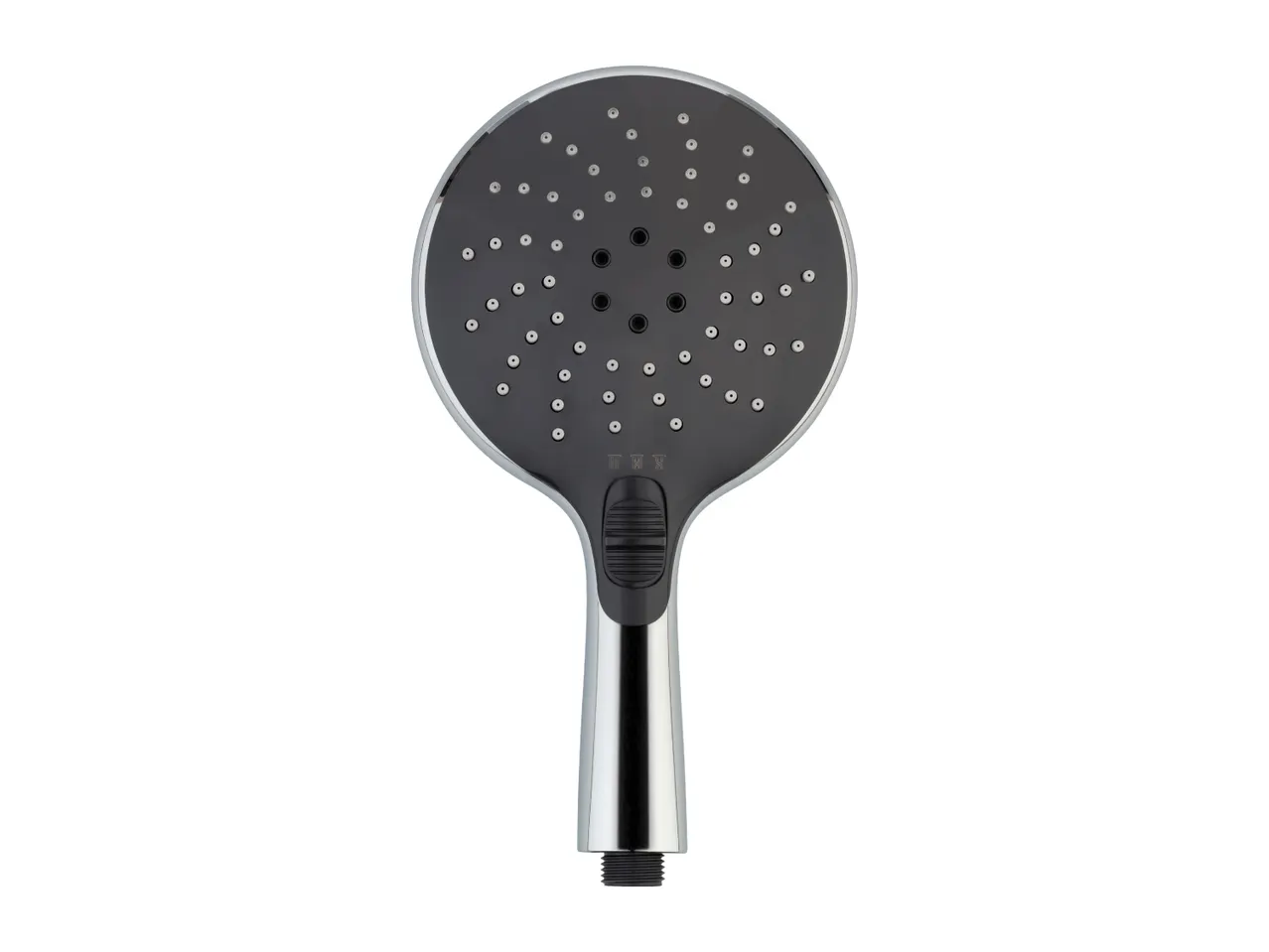 Handheld shower head with a dark grey face, chrome trim, and a black button on the handle.