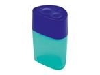 Blue and teal pencil sharpener with two holes and a translucent body.