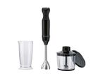 Black immersion blender with a measuring cup and a chopper attachment.