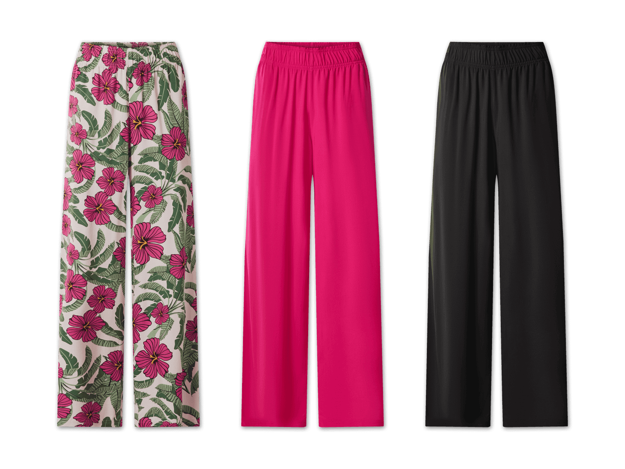 Drei weite Hosen: eine mit pinkem Blumenmuster, eine pinkfarbene und eine schwarze.