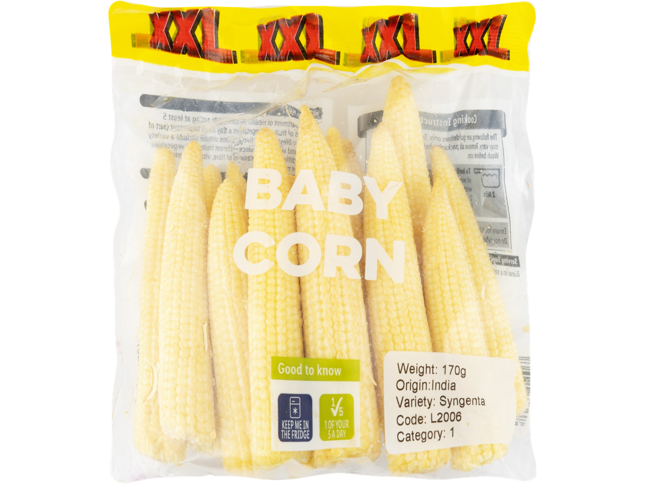 A bag of frozen baby corn, labeled 'XXL', from India, weighing 170g.