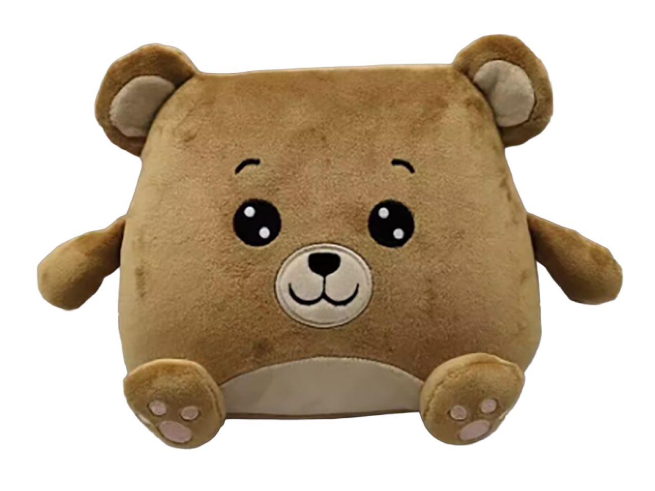 Brown square plush toy bear with embroidered eyes, nose, and mouth, and small limbs.