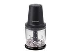 Black food chopper with a clear bowl filled with ice cubes, on a white background.