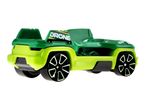 Green toy car with 'DRONE' written on the back, black wheels with light green accents