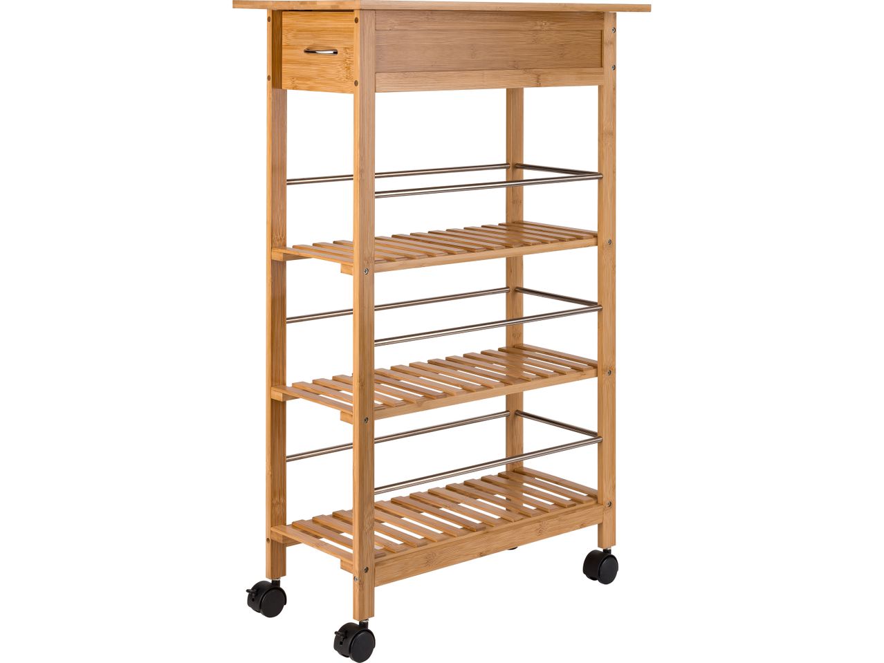 Bamboo rolling cart with a drawer and slatted shelves