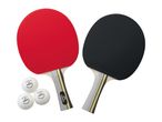 Two table tennis rackets, one red and one black, with three white table tennis balls.