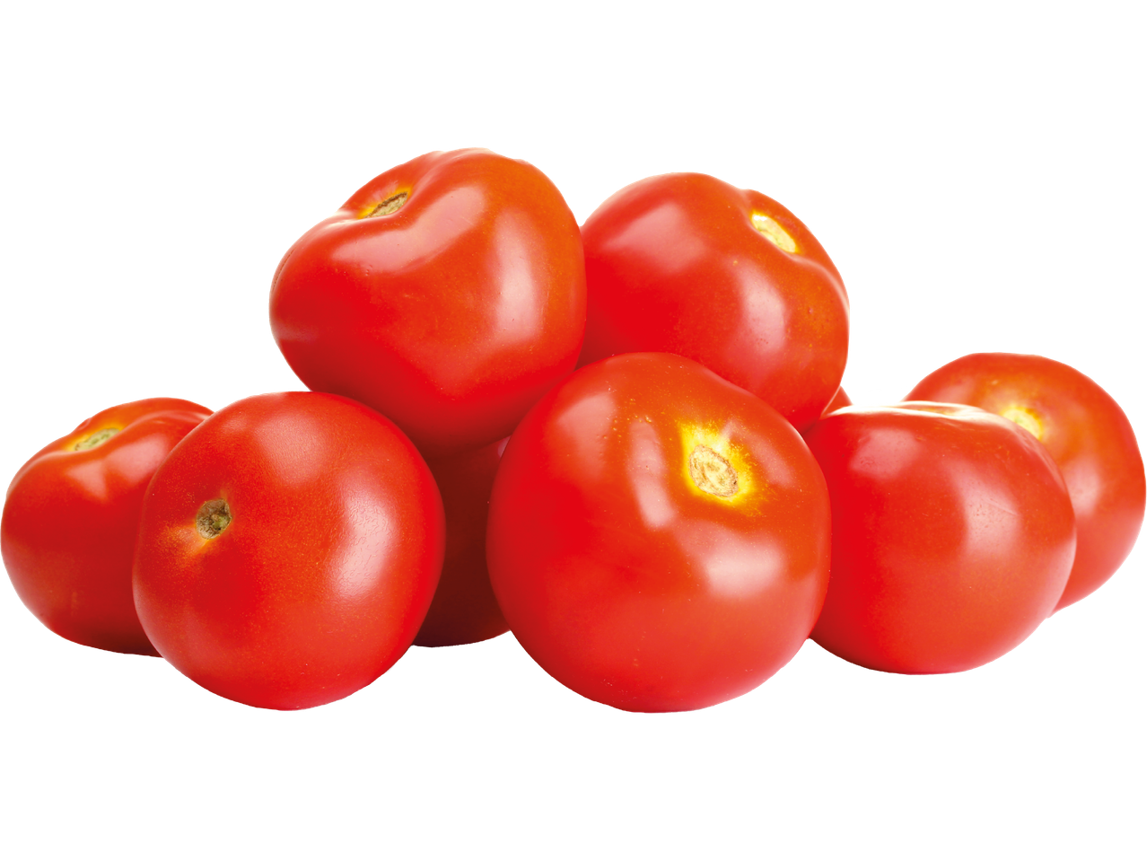 En hög med åtta röda, mogna tomater.