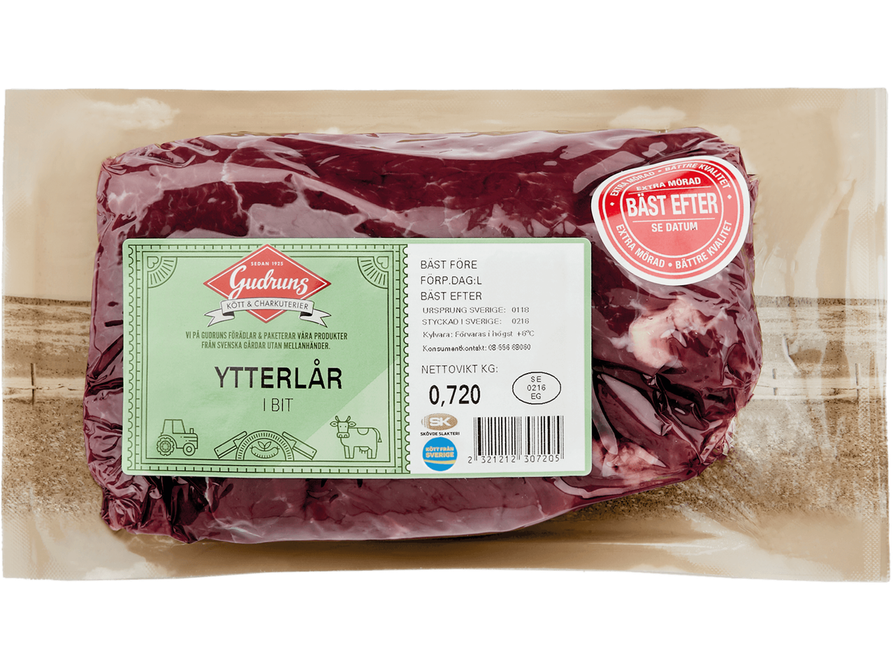 Förpackning med Gudruns ytterlår (720g), svenskt nötkött.