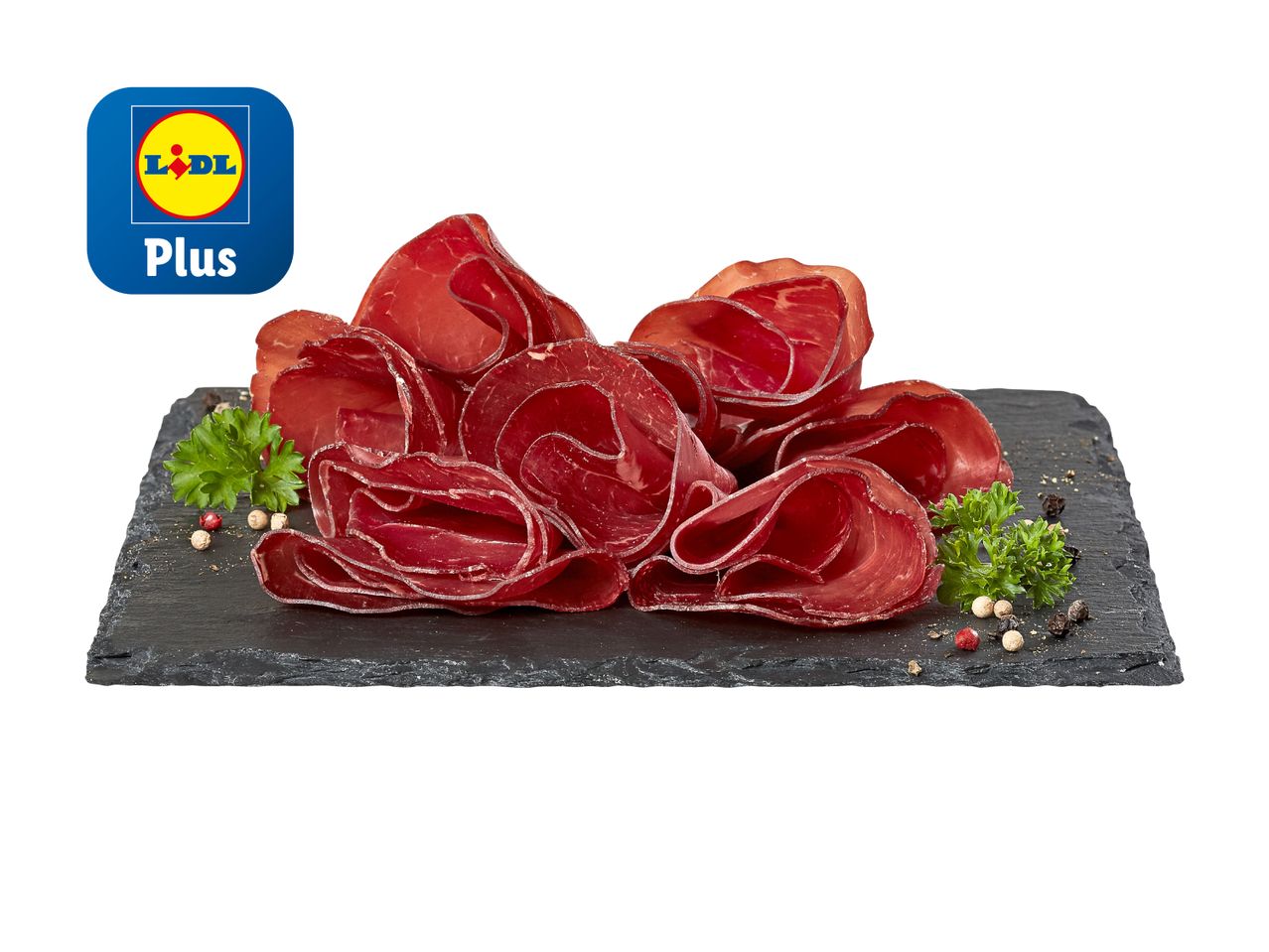 Lidl Plus Bresaola Scheiben auf Schieferplatte.