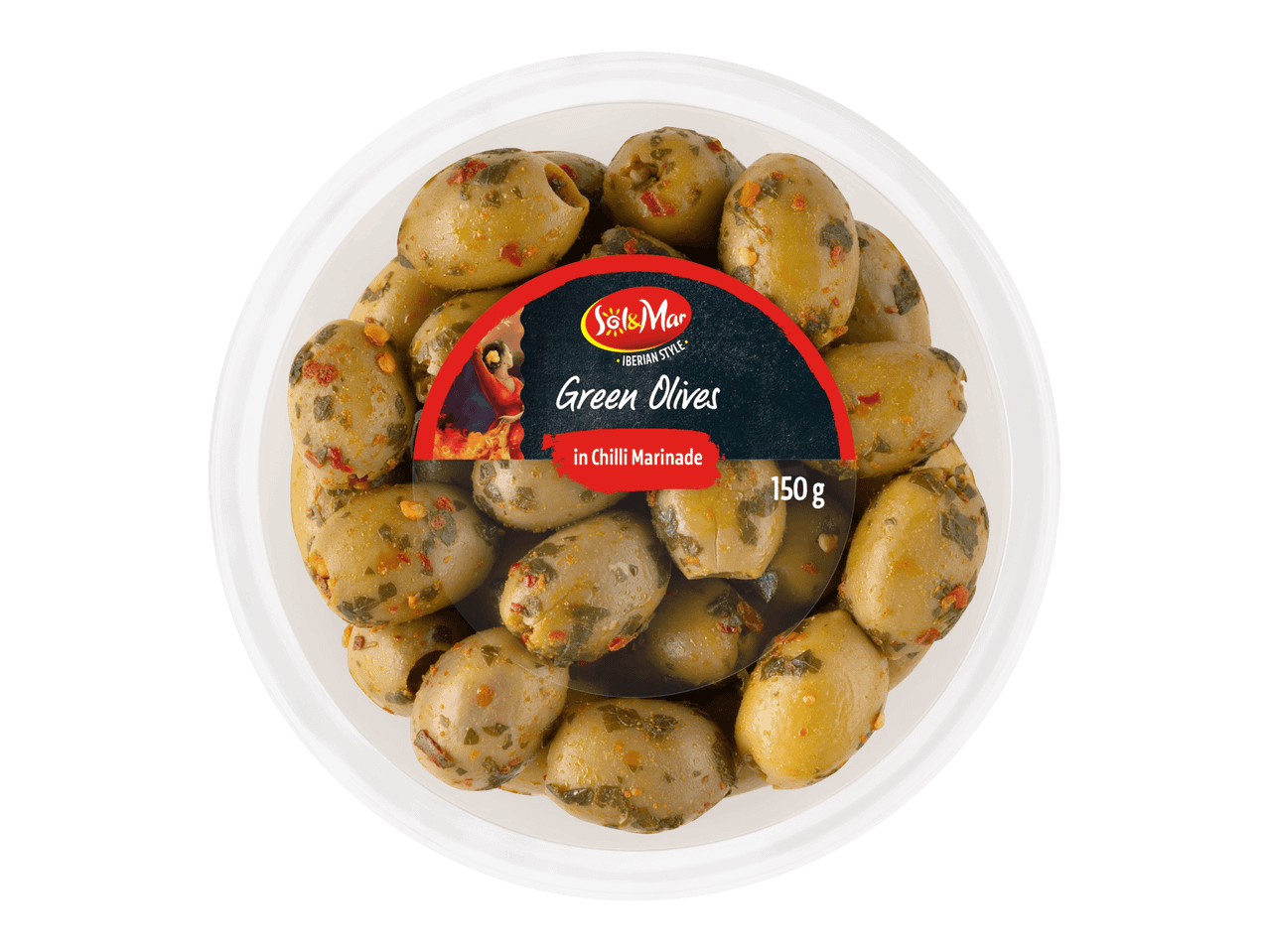 Vihreitä oliiveja chilimarinadissa, 150 g.