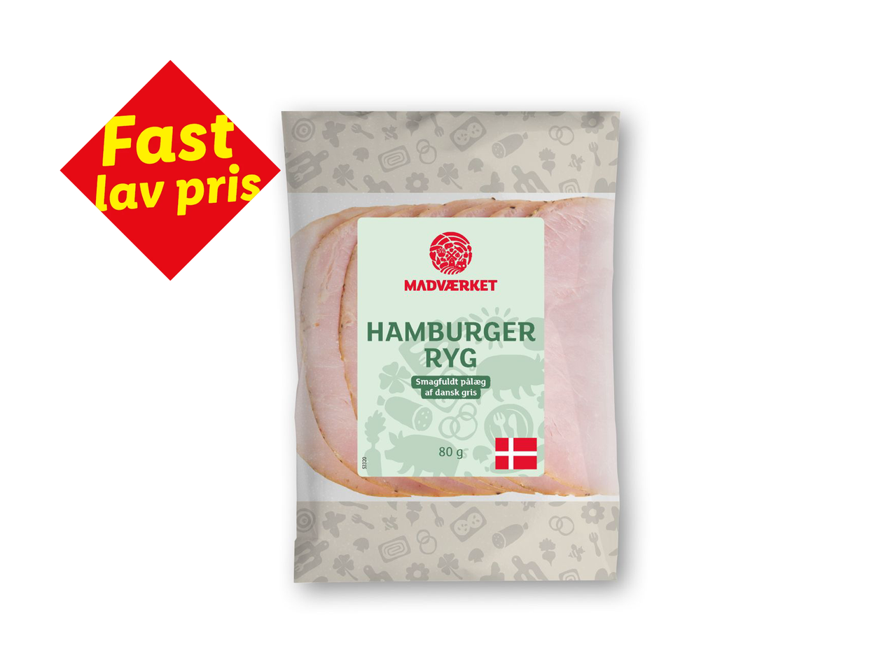 Pålæg af røget hamburgerryg i pakke med 'Fast lav pris' mærkat.