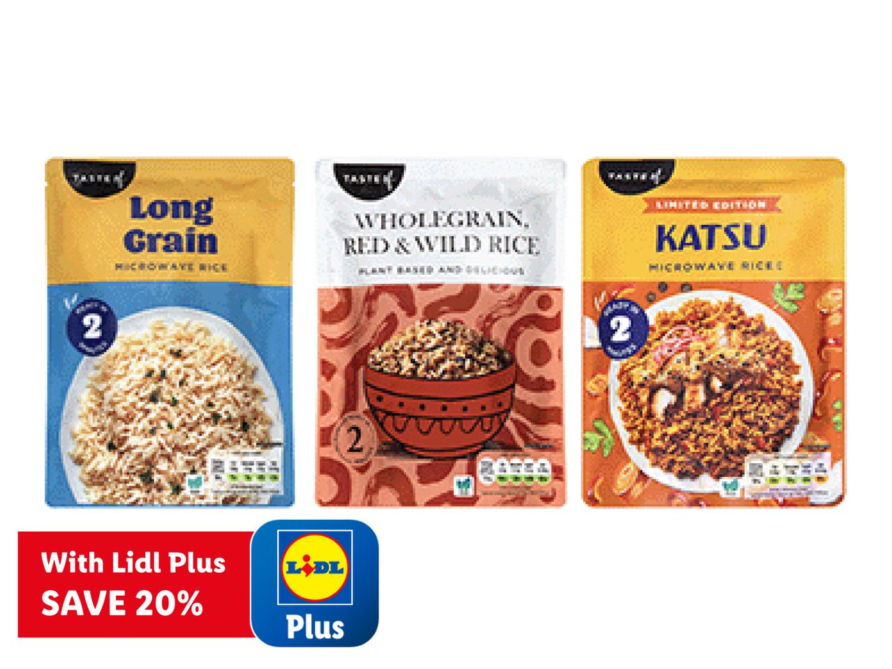 Three Taste of microwave rice pouches: Long Grain, Wholegrain Red & Wild Rice, and Limited Edition Katsu, with a 'Save 20% with Lidl Plus' offer.