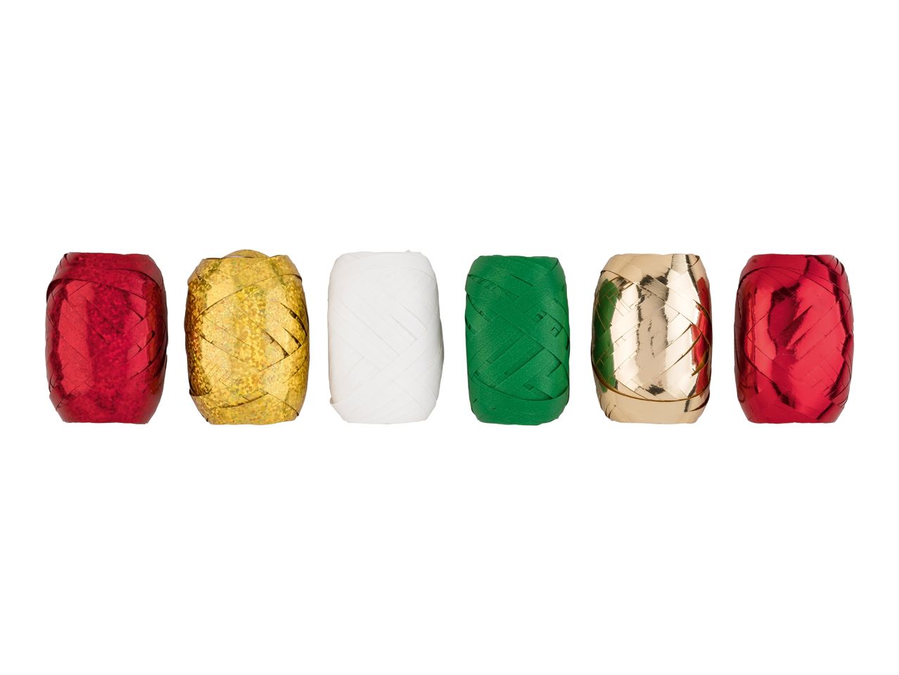 Six spools of curling ribbon in red, gold, white, and green.