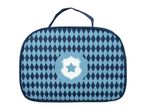 Blue lunch bag with a diamond pattern and a shield with a star emblem