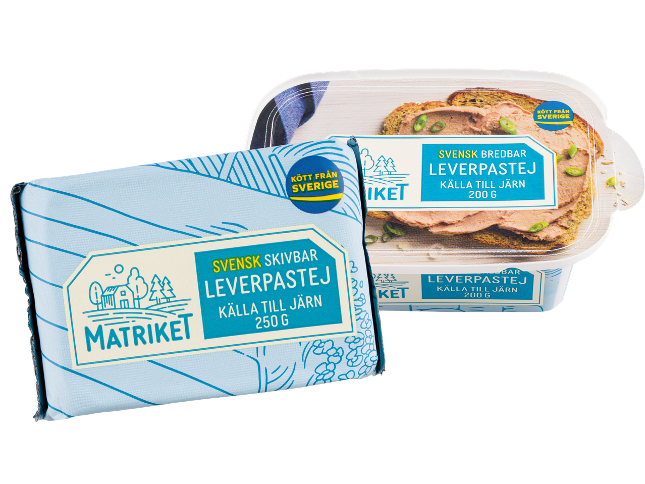 Två förpackningar Matrikets svenska leverpastej, en skivbar och en bredbar.