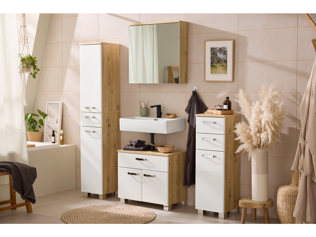 LIVARNO bathroom furniture with washbasin, cabinets, and natural decor.