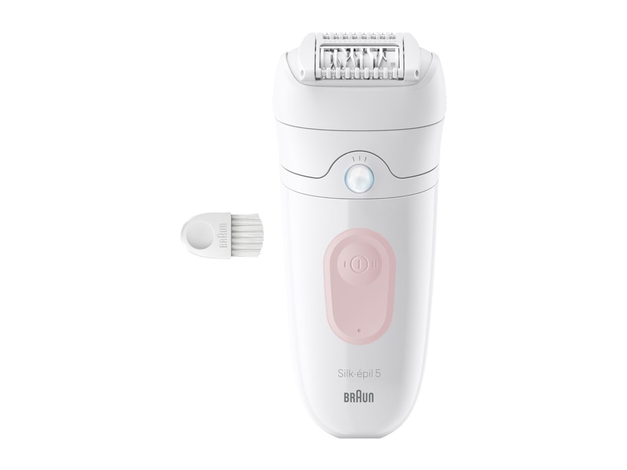 White epilator with a pink power button and a small cleaning brush