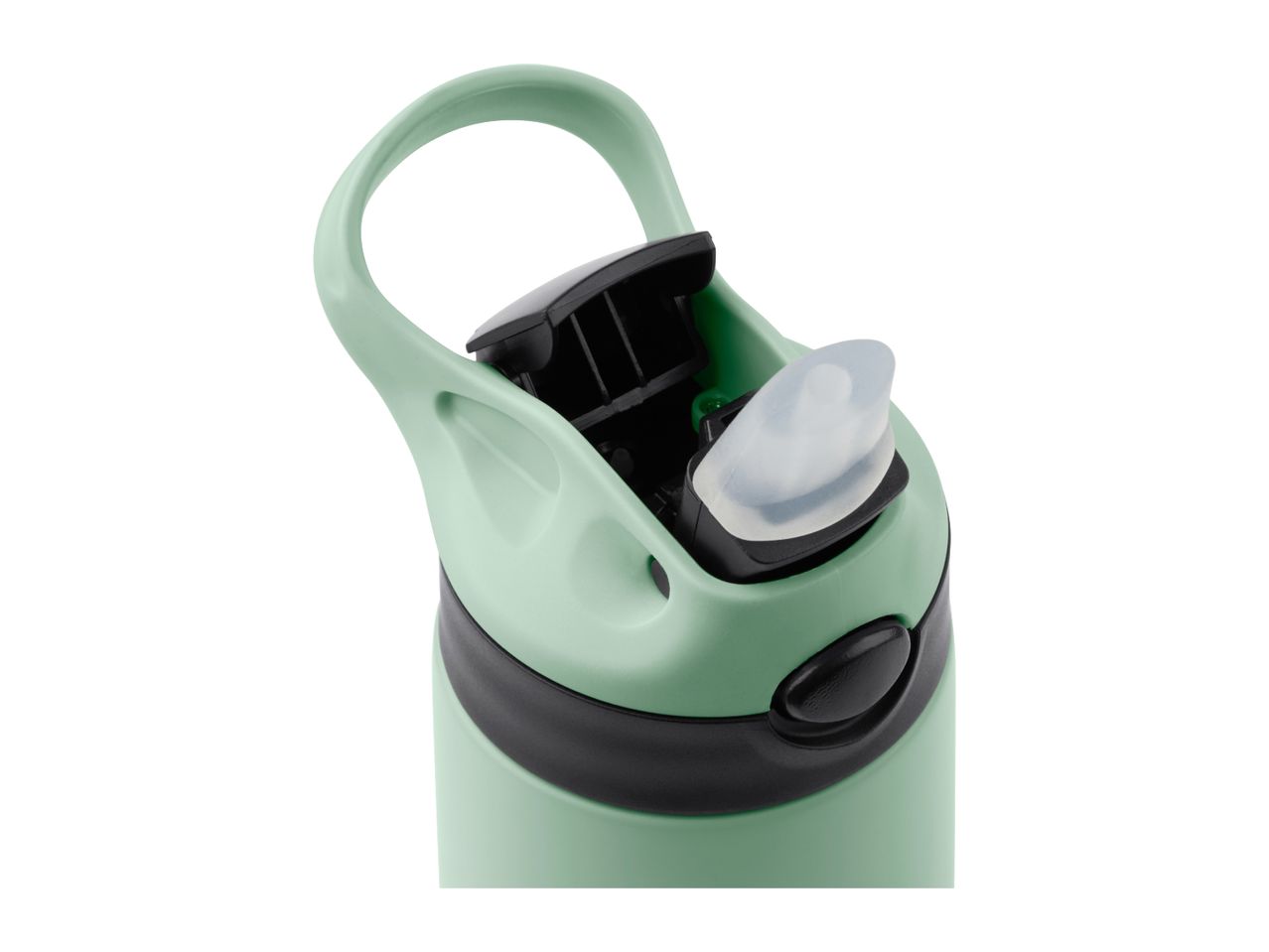 Close-up of a light green water bottle with a black and clear straw lid