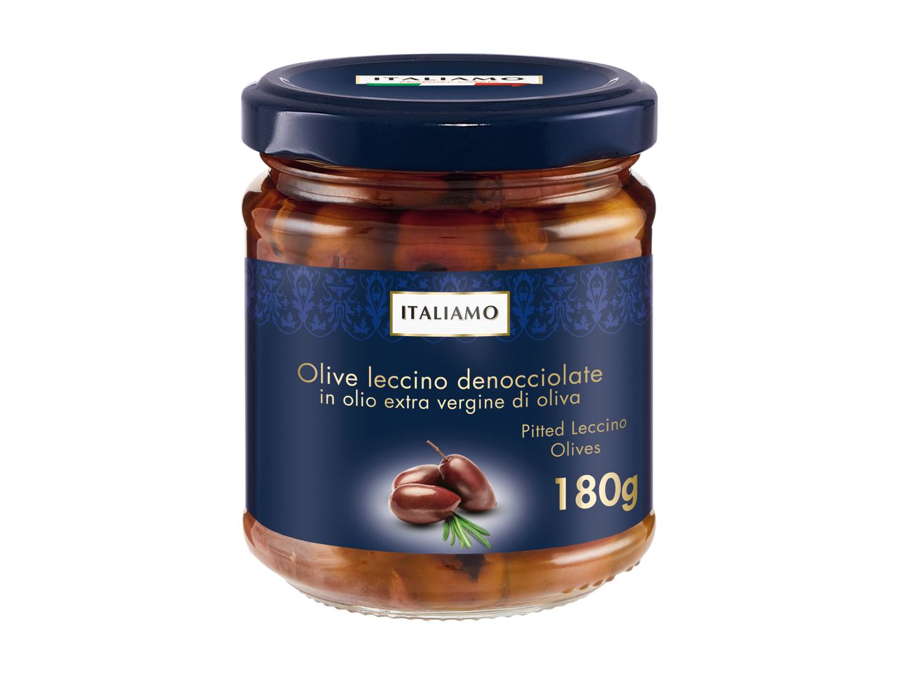 Vasetto di olive leccino denocciolate Italiamo da 180g in olio extra vergine di oliva.