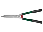 Foarfecă de gard viu cu mânere verzi și prindere neagră.