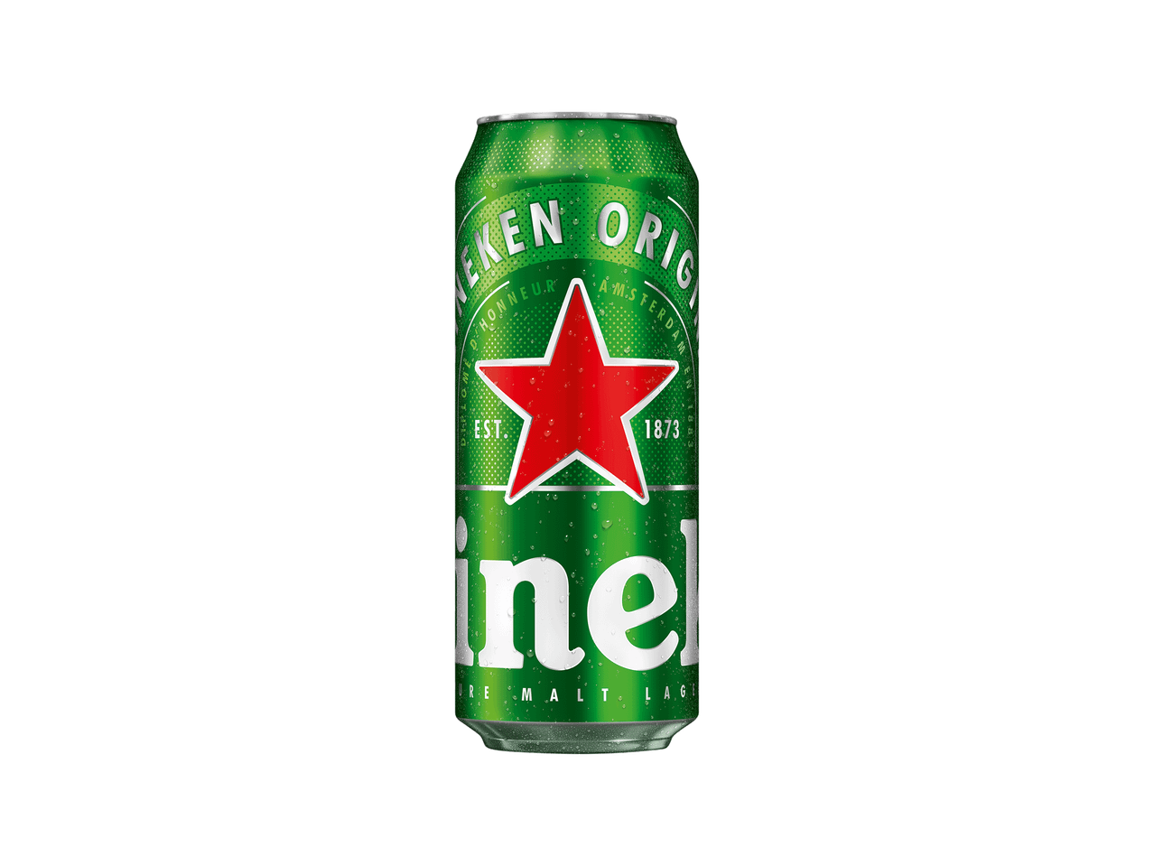 Lata de bebida verde com estrela vermelha e gotas de água.