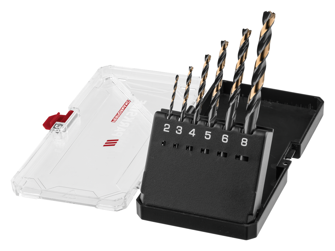 Parkside® grąžtų rinkinys su juodais ir aukso spalvos grąžtais permatomame dėkle.