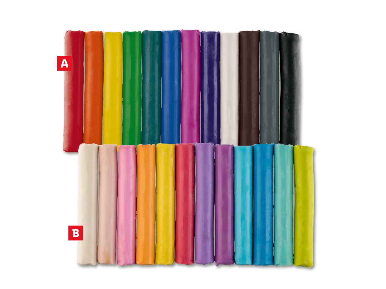 Divas rindas krāsainas plastilīna masas cilindru formā.