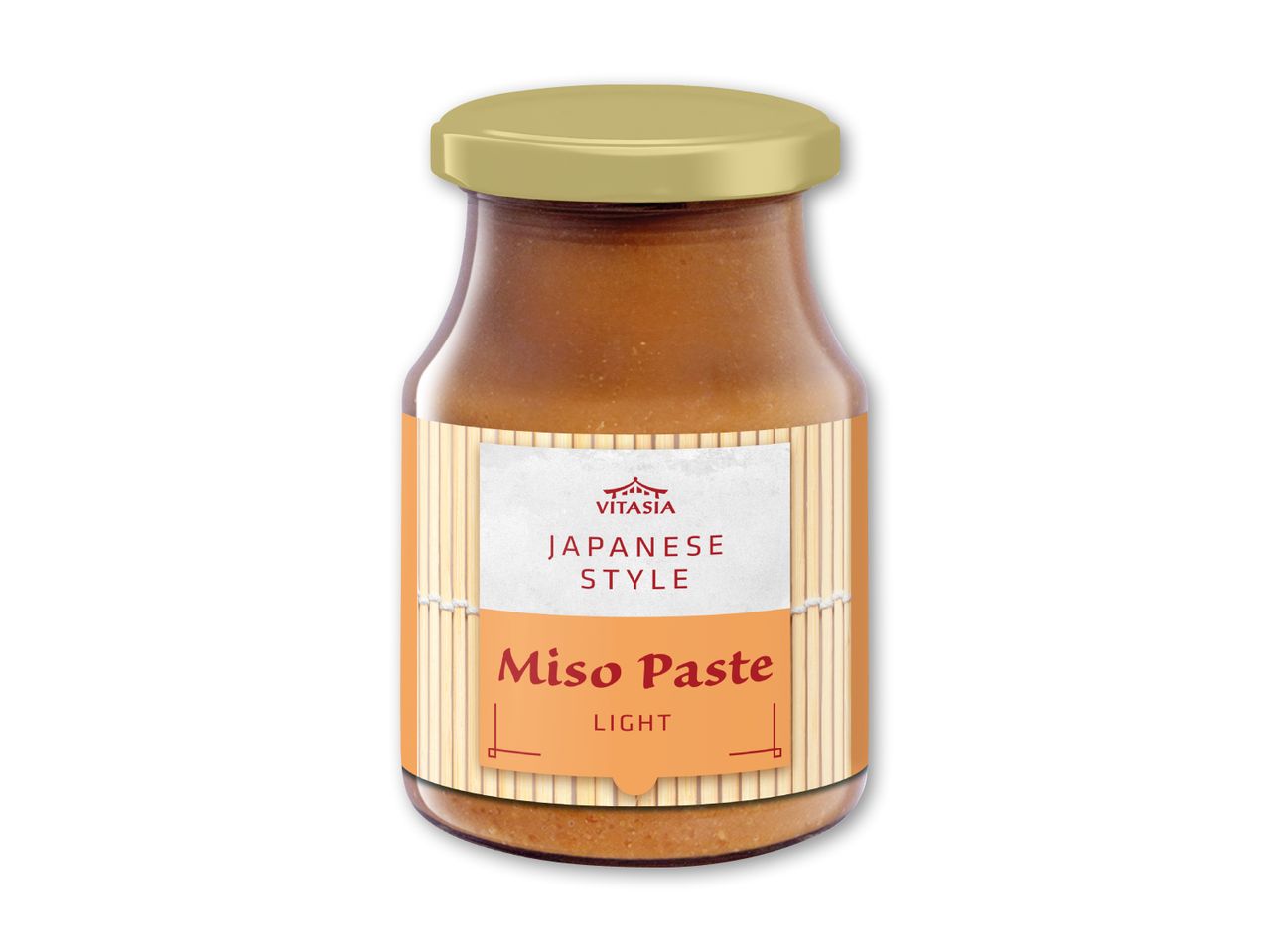 Japansk miso-pasta i en glasbeholder med et lyst, bambusmønstret etiket.