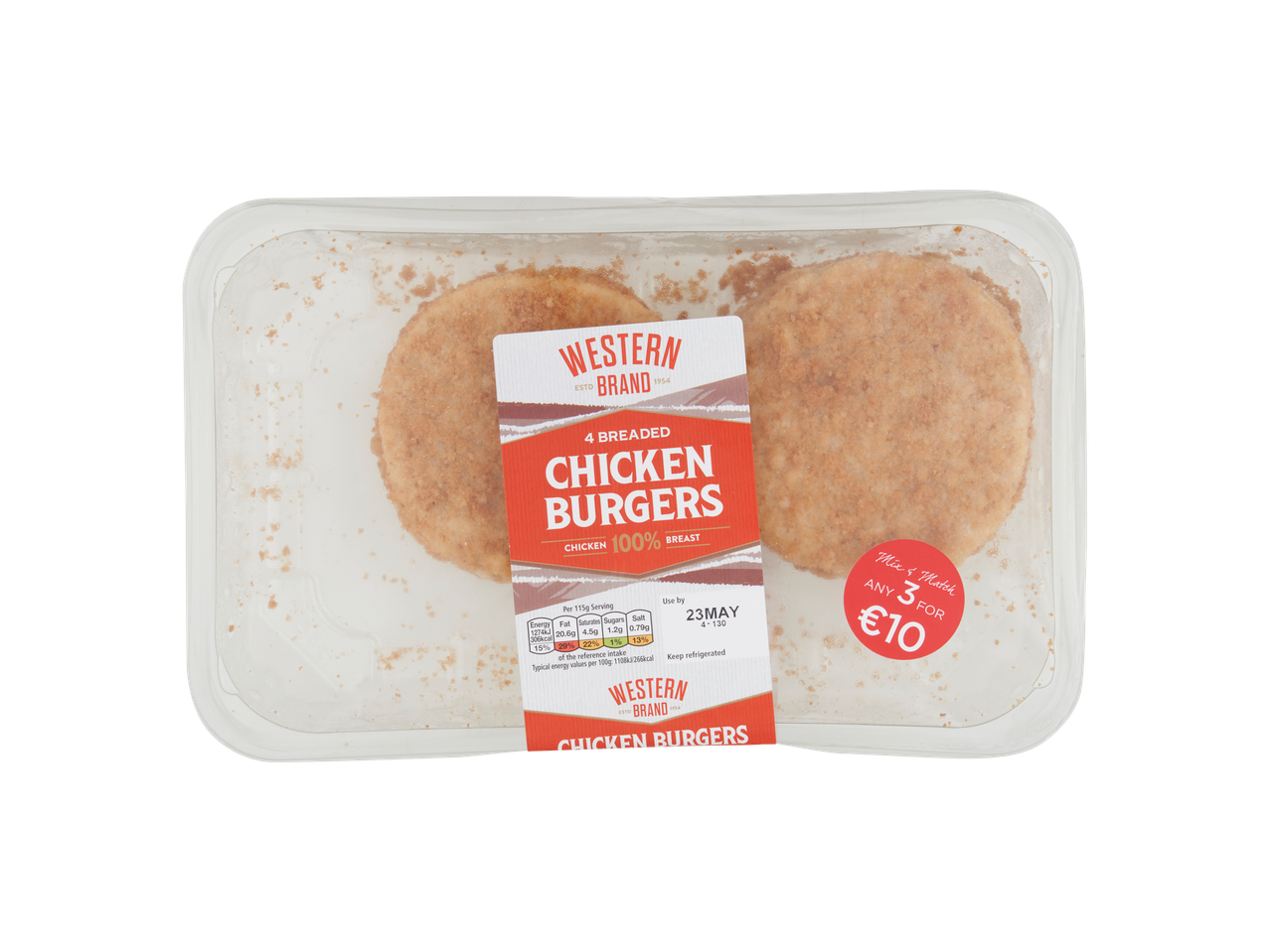 Western Brand 4 Breaded Chicken Burgers in a clear plastic tray with a red label.