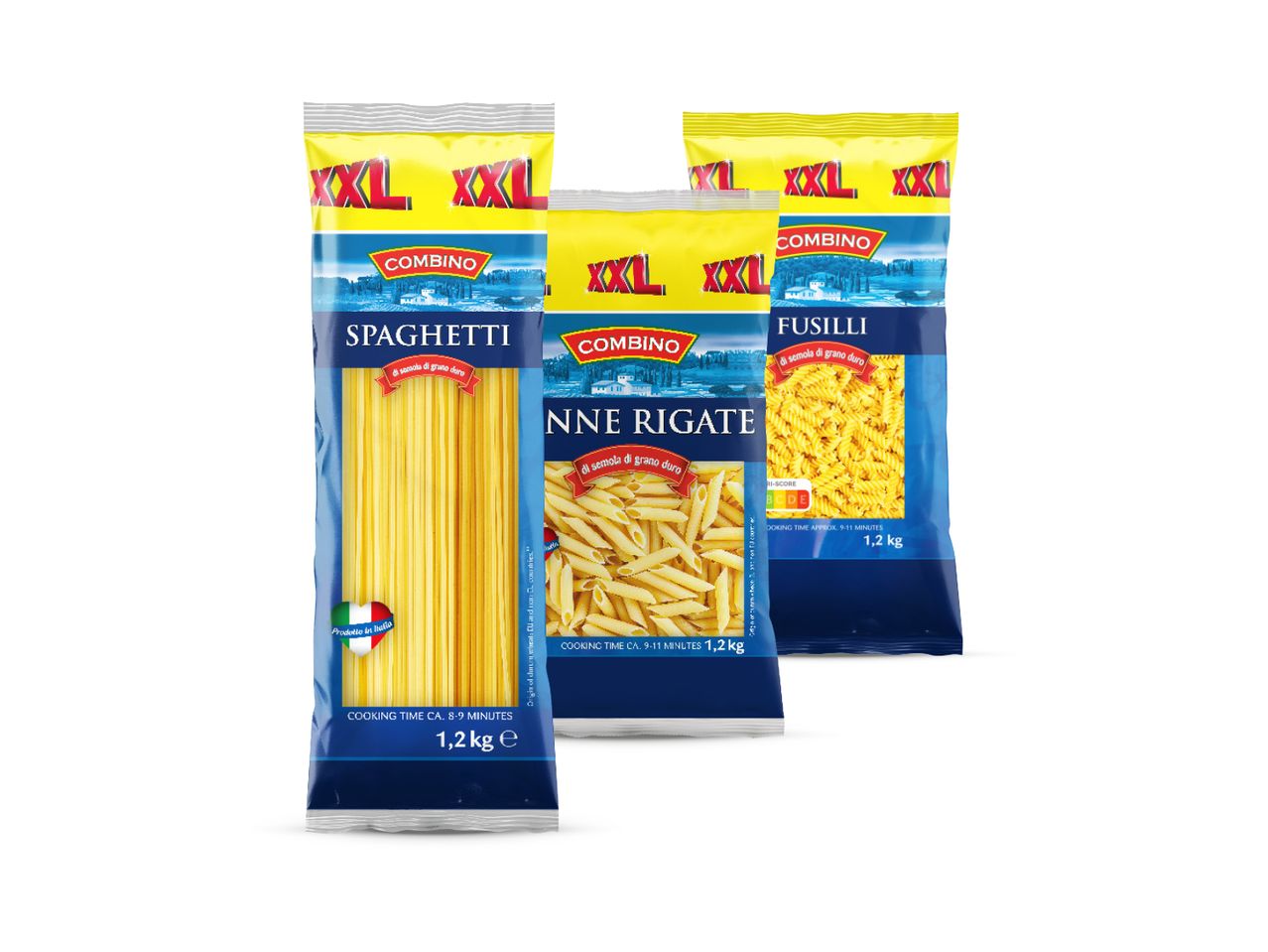 Tri pakiranja Combino tjestenine, uključujući špagete, penne rigate i fusille.