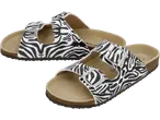 Ženske sandale ESMARA sa crno-belim zebra dezenom i srebrnim kopčama.