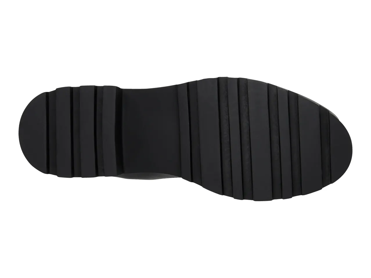 Bottom view of a black lug sole boot.