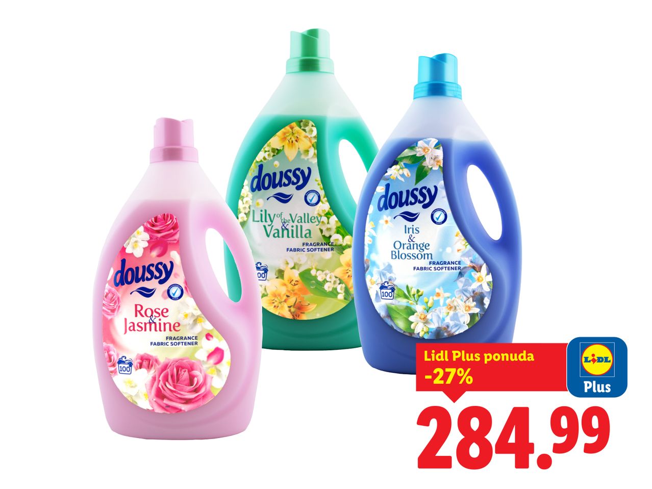 Tri boce Doussy omekšivača za veš sa cvetnim mirisima i cenom od 284,99 dinara.