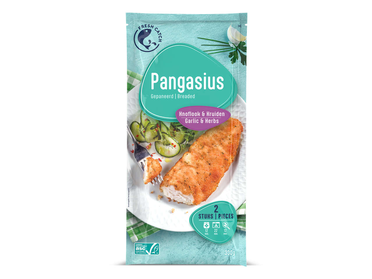 Gepaneerde pangasiusfilet met knoflook en kruiden, 300g.