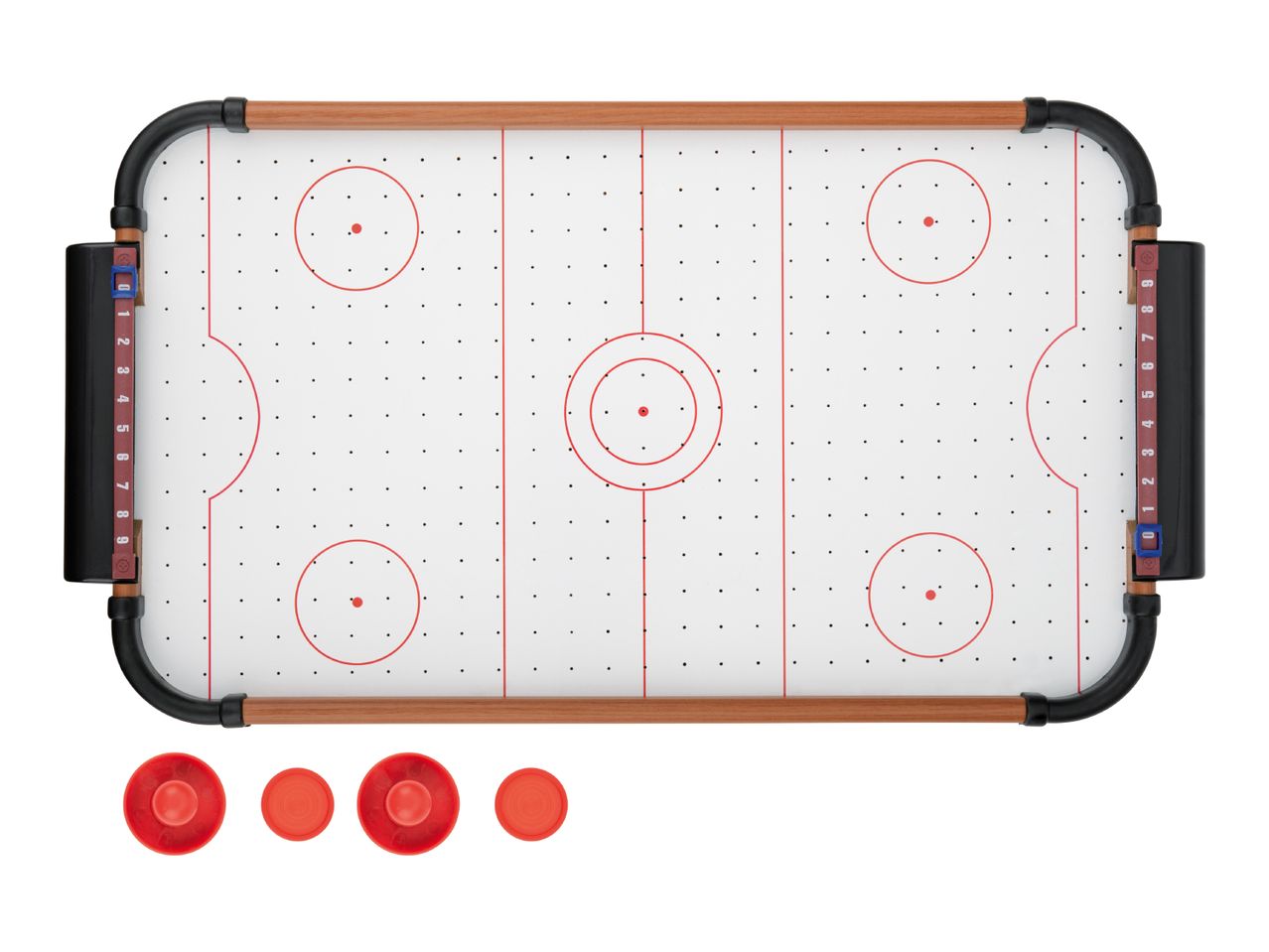 An air hockey table with scoreboards, red lines, and four red pucks below it.