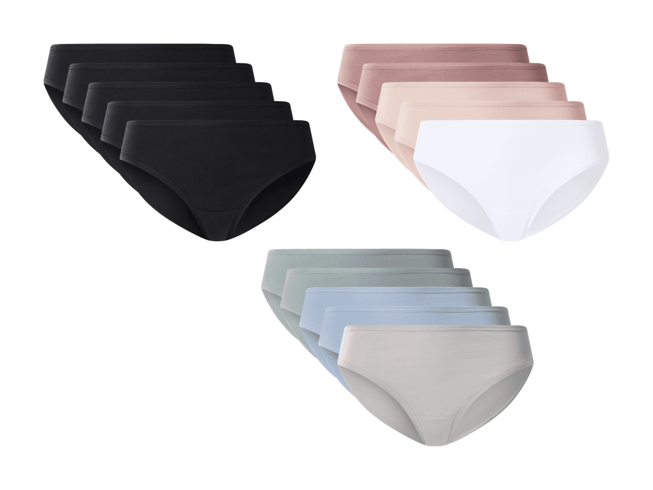 Lots de culottes pour femmes en noir, tons nude et couleurs pastel.