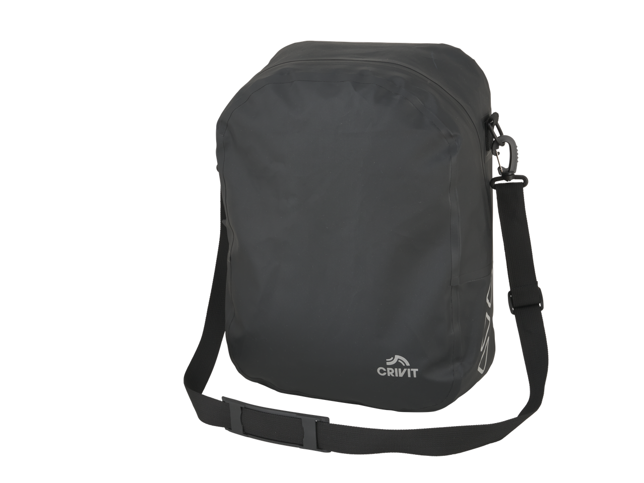 Dark grey waterproof shoulder bag with a white logo on the front.